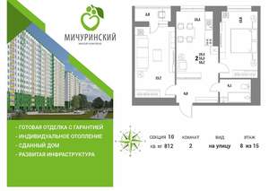 2-к квартира, вторичка, 55м2, 8/15 этаж