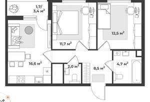 2-к квартира, вторичка, 58м2, 7/16 этаж