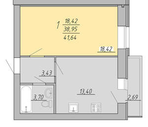 1-к квартира, вторичка, 42м2, 6/9 этаж