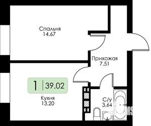 1-к квартира, строящийся дом, 39м2, 4/4 этаж