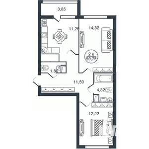 2-к квартира, вторичка, 60м2, 6/16 этаж