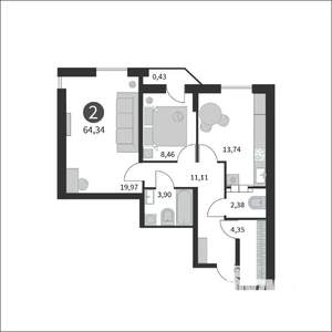 2-к квартира, вторичка, 64м2, 16/17 этаж