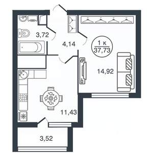 1-к квартира, вторичка, 38м2, 2/16 этаж