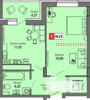 1-к квартира, строящийся дом, 46м2, 20/22 этаж