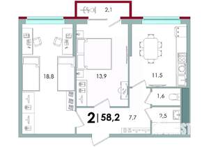 2-к квартира, вторичка, 58м2, 9/16 этаж