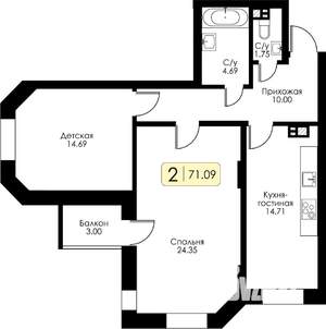 2-к квартира, строящийся дом, 71м2, 2/17 этаж