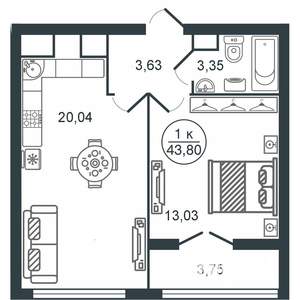 1-к квартира, вторичка, 44м2, 3/16 этаж