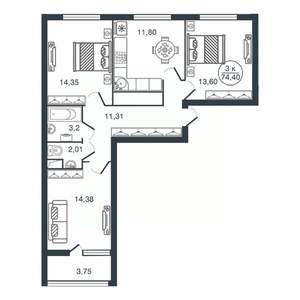 3-к квартира, вторичка, 74м2, 16/16 этаж
