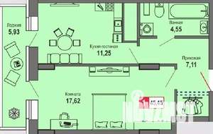 1-к квартира, строящийся дом, 45м2, 21/24 этаж
