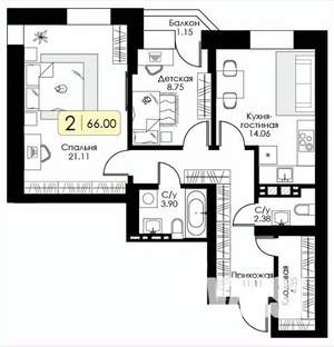 2-к квартира, вторичка, 66м2, 6/17 этаж
