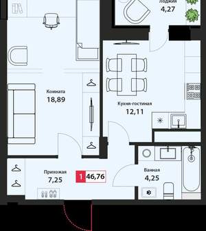 1-к квартира, сданный дом, 47м2, 9/22 этаж