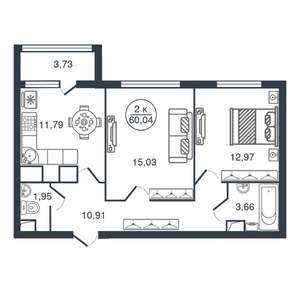 2-к квартира, вторичка, 60м2, 4/16 этаж