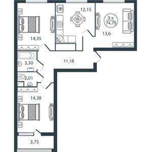 3-к квартира, вторичка, 75м2, 9/12 этаж