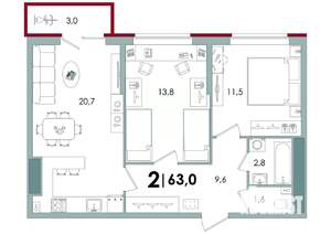 2-к квартира, вторичка, 63м2, 2/15 этаж