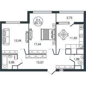 2-к квартира, вторичка, 65м2, 3/16 этаж