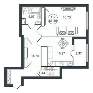 1-к квартира, сданный дом, 52м2, 16/16 этаж