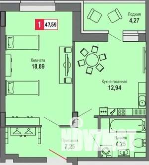 1-к квартира, вторичка, 48м2, 2/22 этаж