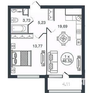 1-к квартира, вторичка, 47м2, 3/16 этаж
