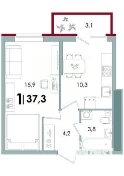 1-к квартира, вторичка, 37м2, 8/15 этаж