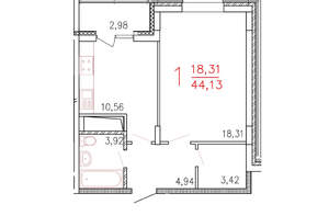 1-к квартира, вторичка, 44м2, 4/10 этаж