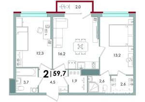 2-к квартира, вторичка, 60м2, 5/16 этаж