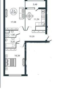 2-к квартира, вторичка, 64м2, 1/12 этаж