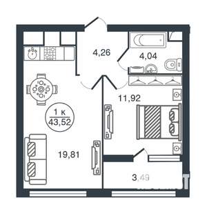 1-к квартира, вторичка, 44м2, 2/16 этаж