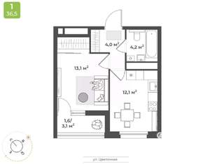 1-к квартира, строящийся дом, 35м2, 8/17 этаж
