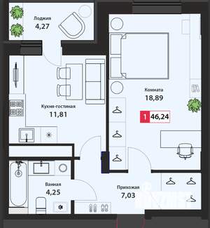 1-к квартира, сданный дом, 46м2, 14/22 этаж