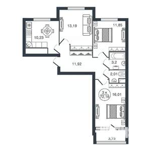 3-к квартира, вторичка, 72м2, 13/16 этаж