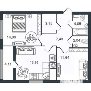 2-к квартира, вторичка, 61м2, 14/15 этаж
