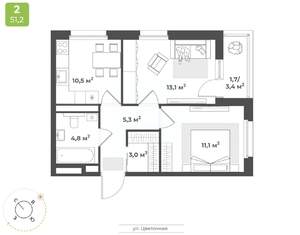 2-к квартира, вторичка, 50м2, 16/18 этаж