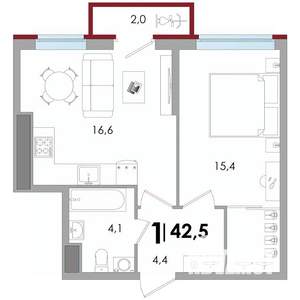1-к квартира, вторичка, 43м2, 11/16 этаж