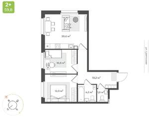 2-к квартира, вторичка, 60м2, 1/10 этаж
