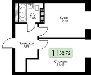 1-к квартира, строящийся дом, 39м2, 2/4 этаж