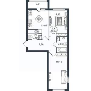 2-к квартира, вторичка, 64м2, 12/15 этаж