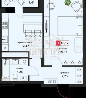 1-к квартира, сданный дом, 46м2, 14/22 этаж