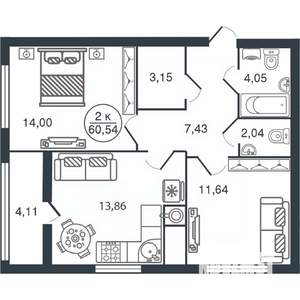 2-к квартира, вторичка, 61м2, 10/15 этаж