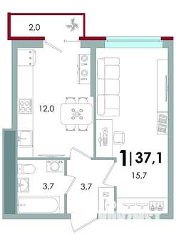 1-к квартира, вторичка, 37м2, 1/16 этаж