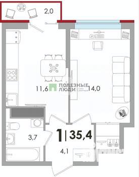 1-к квартира, сданный дом, 35м2, 15/16 этаж