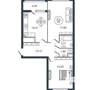 2-к квартира, вторичка, 65м2, 5/13 этаж