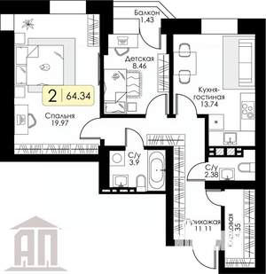 2-к квартира, вторичка, 65м2, 2/17 этаж