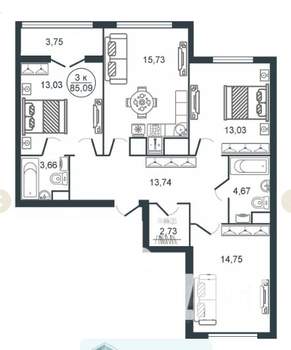 3-к квартира, вторичка, 85м2, 16/18 этаж
