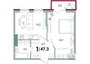 1-к квартира, вторичка, 47м2, 10/15 этаж