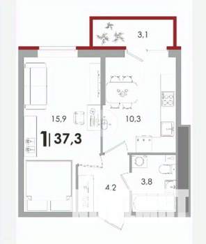 1-к квартира, вторичка, 37м2, 12/15 этаж