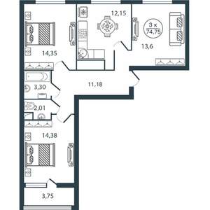 3-к квартира, вторичка, 75м2, 10/12 этаж