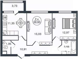 2-к квартира, вторичка, 60м2, 13/16 этаж