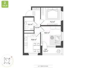 2-к квартира, строящийся дом, 47м2, 9/17 этаж