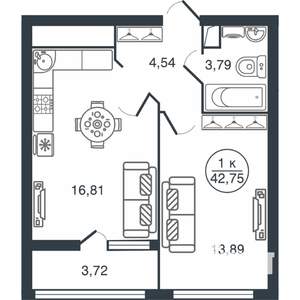 1-к квартира, вторичка, 43м2, 11/16 этаж