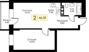 1-к квартира, строящийся дом, 47м2, 14/17 этаж